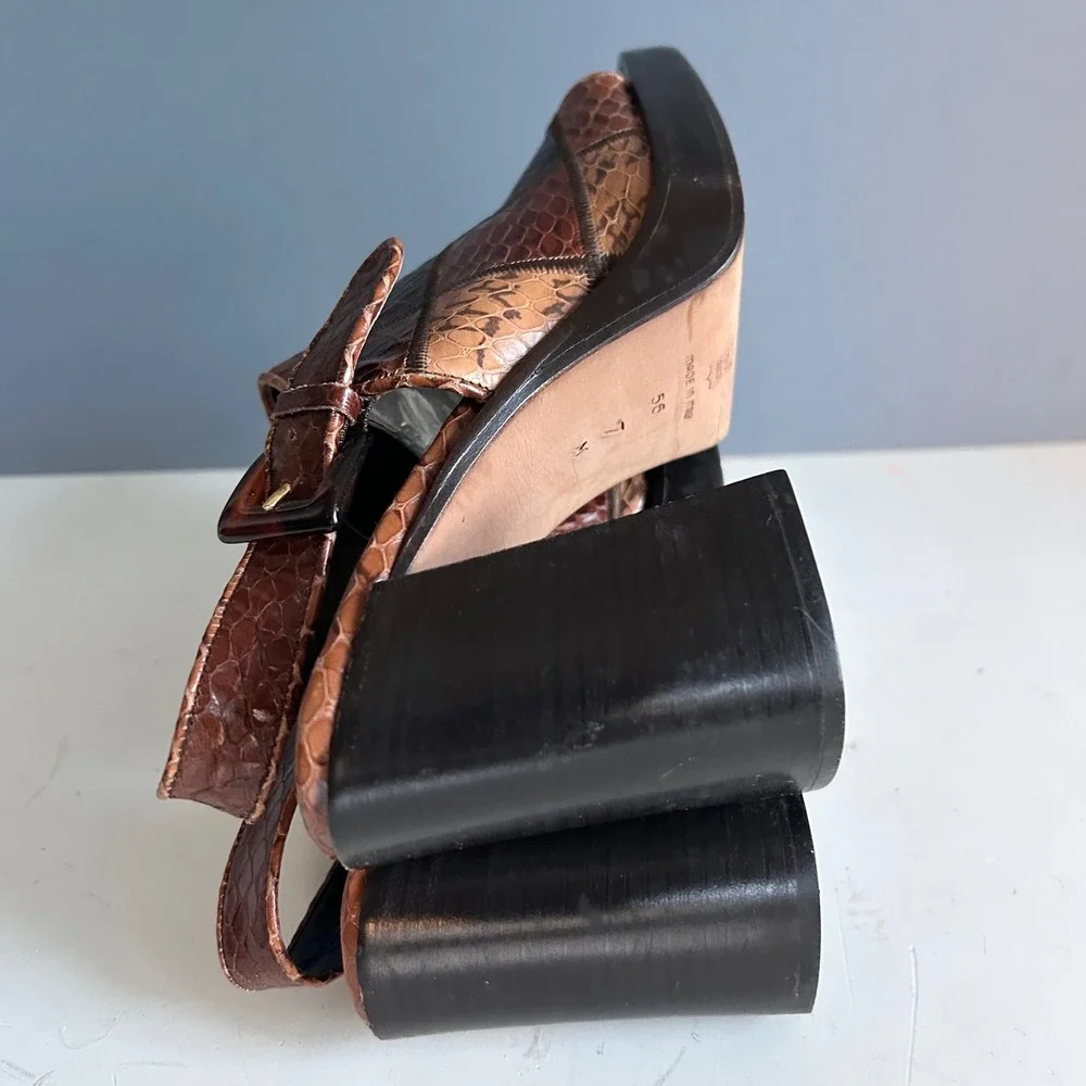 Y2K Via Spiga Patchwork Snakeskin Slingback Block Heel Sandal Brown Size 7 Italy